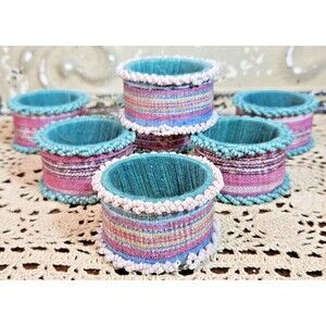 Set 7 Pastels Striped & Plaid Design Beaded Fabric Napkin Rings The Spring Shop